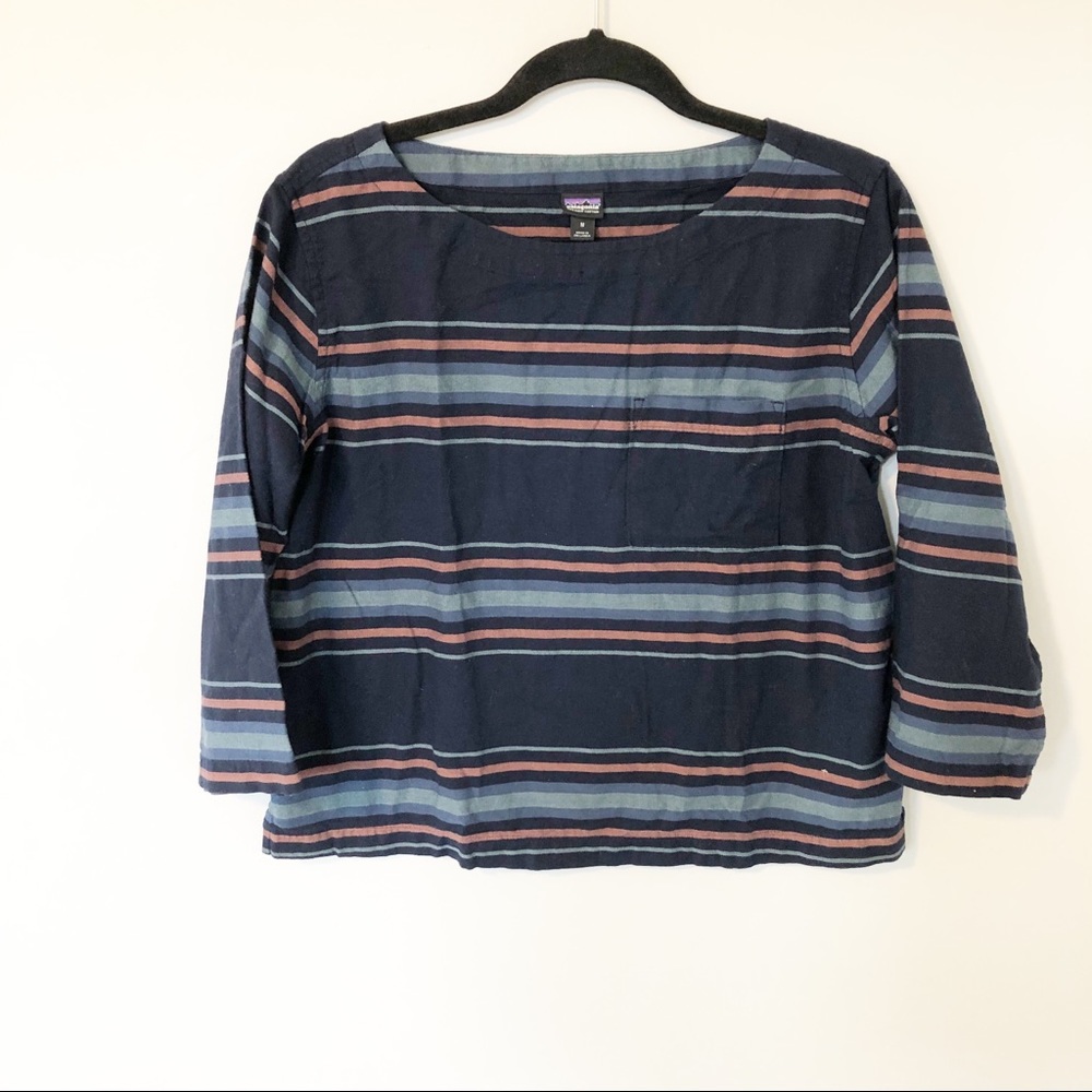 Patagonia catbells striped blue 3/4 sleeve pocket boxy shirt medium